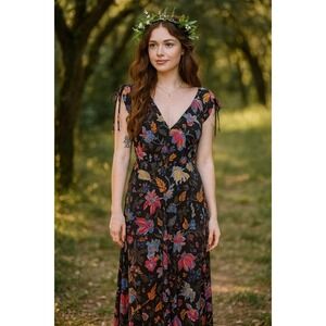 Whimsigoth Boho Dark Fairy Cottagecore Medium Tall Black Floral VNeck Maxi Dress